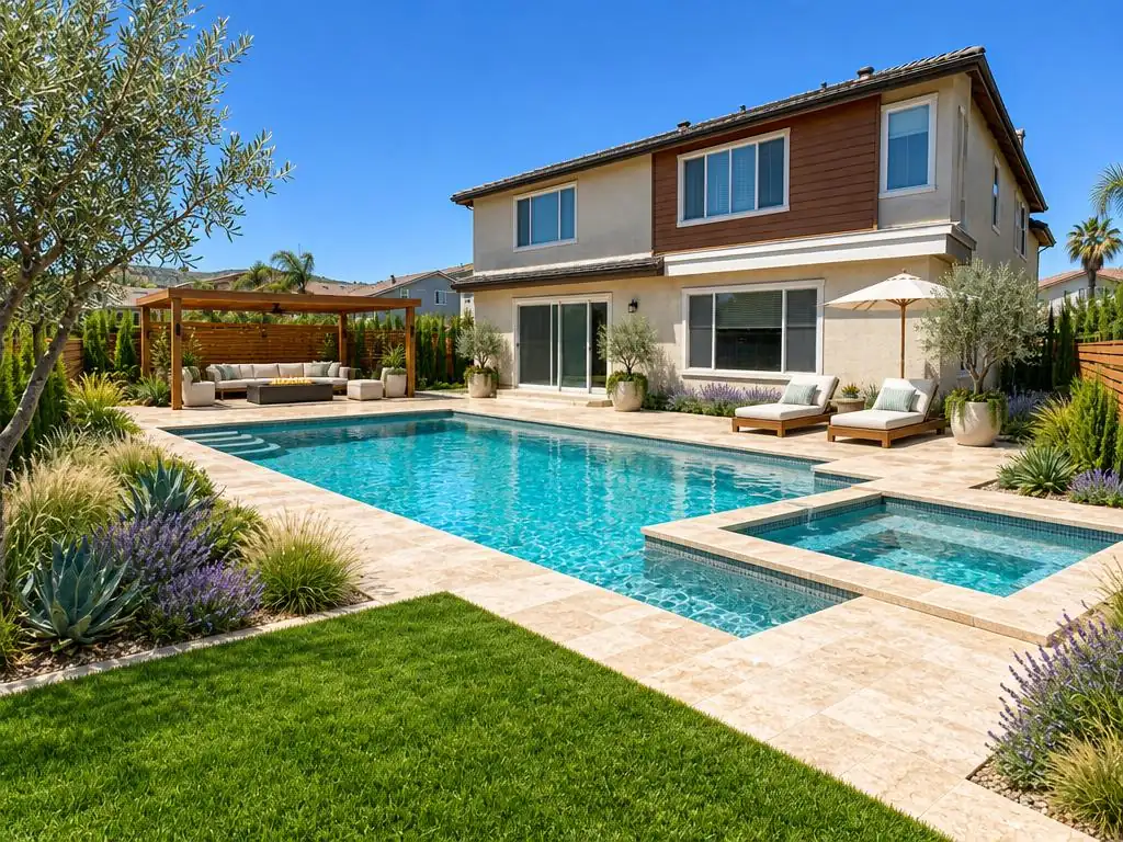 The same sunny backyard redesigned in the landscape design app with a turquoise pool and spa, travertine deck, cedar pergola lounge, green lawn and olive trees
