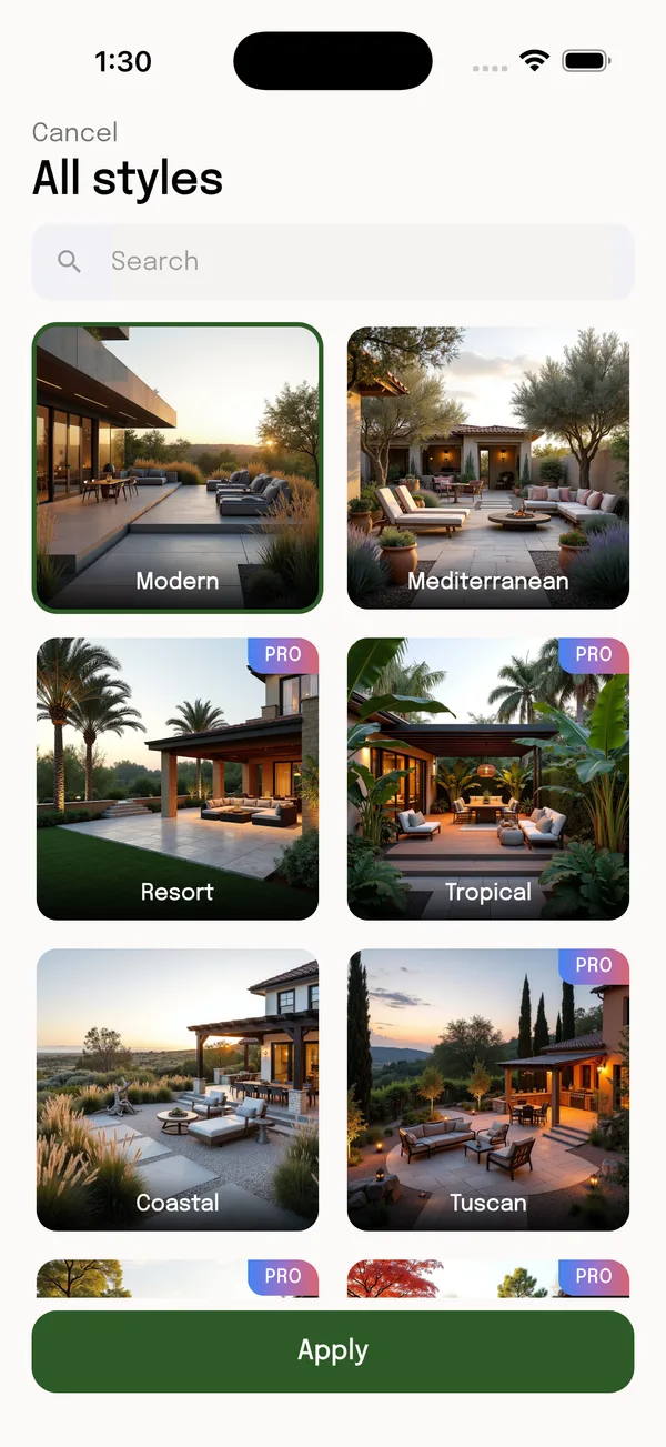 All styles screen of the landscape design app with a search box and style cards for Modern, Mediterranean, Resort, Tropical, Coastal and Tuscan, some marked Pro