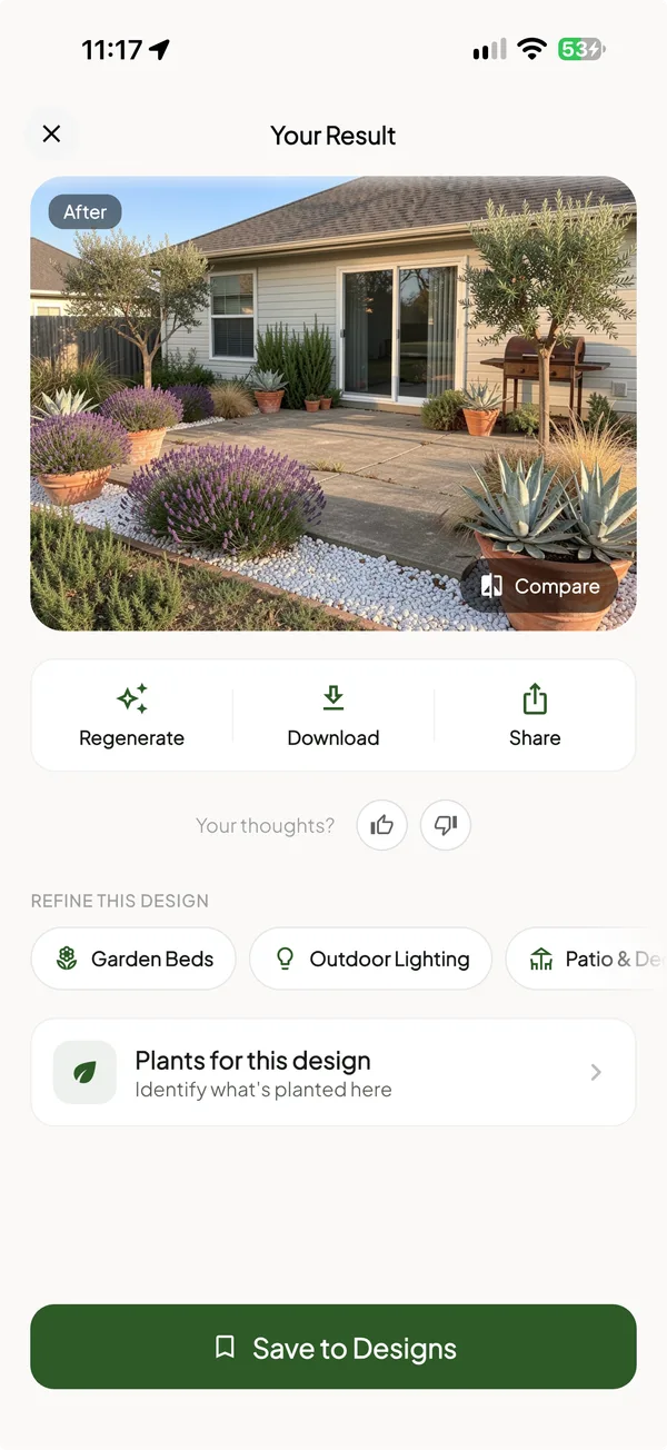 a Mediterranean backyard result in the app with lavender, an olive tree and gravel, and Refine this design options for garden beds, outdoor lighting and patio