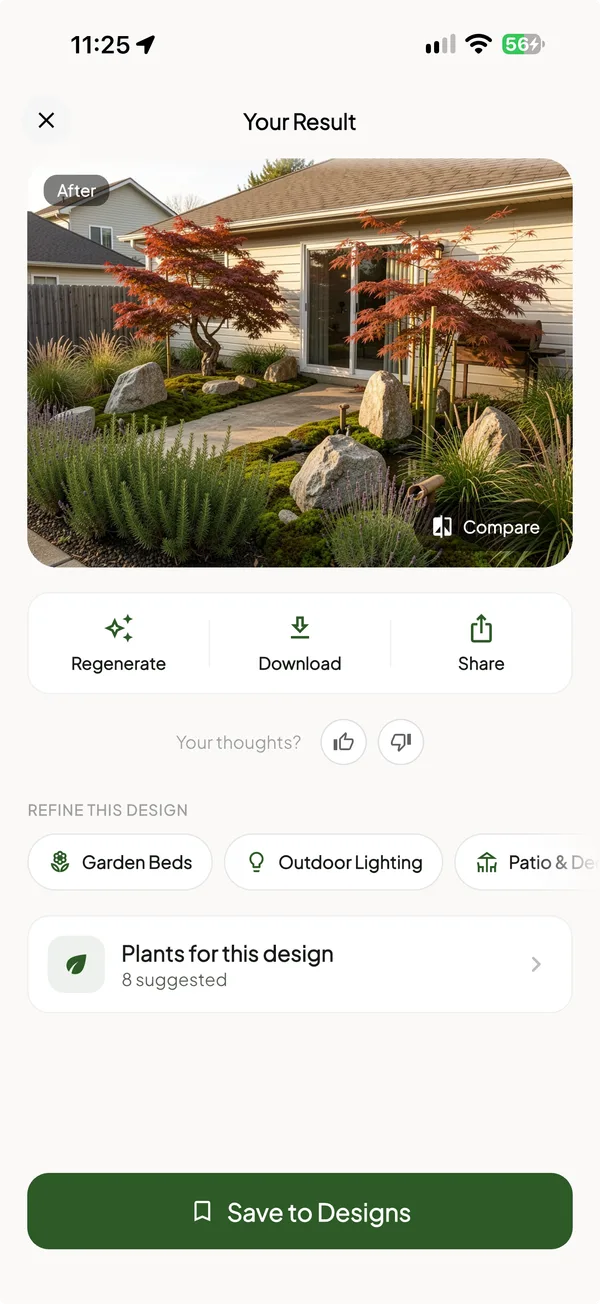 Your Result screen of the landscape design app: a backyard redesigned with Japanese maples, boulders, lavender and grasses, with Compare, Regenerate, Download and Share buttons