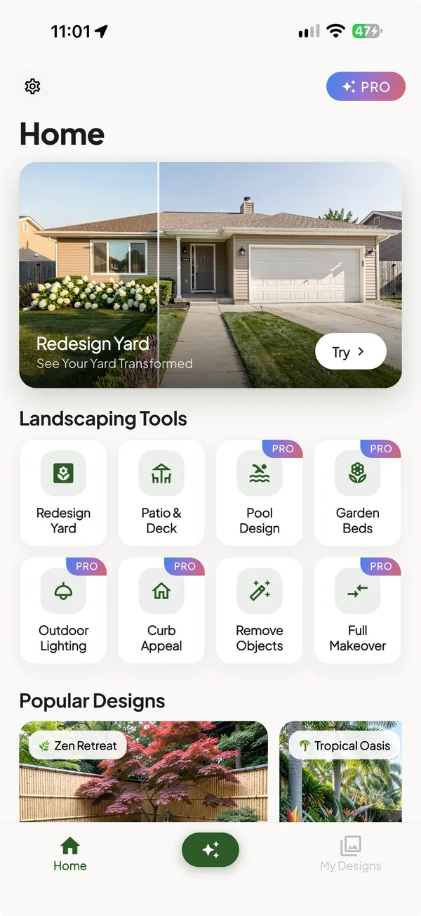 Home screen of the AI landscaping app with Redesign Yard and Landscaping Tools: Patio and Deck, Pool Design, Garden Beds, Outdoor Lighting, Curb Appeal, Remove Objects and Full Makeover