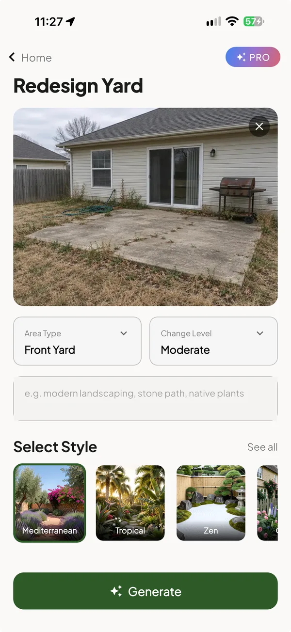 Redesign Yard screen of the landscaping app with a photo of a plain backyard and patio, Area Type and Change Level menus, a box to describe what you want and a Select Style row