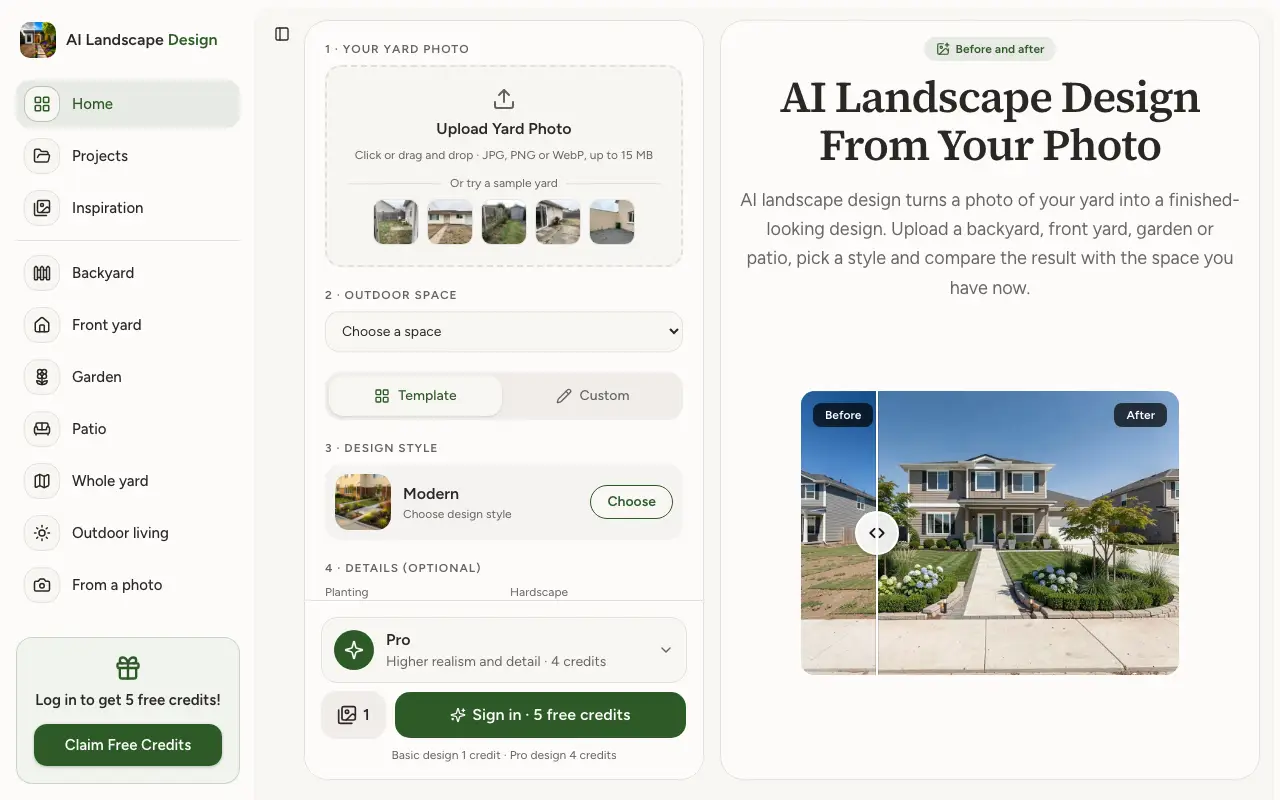 AI Landscape Design homepage, captured October 7, 2026