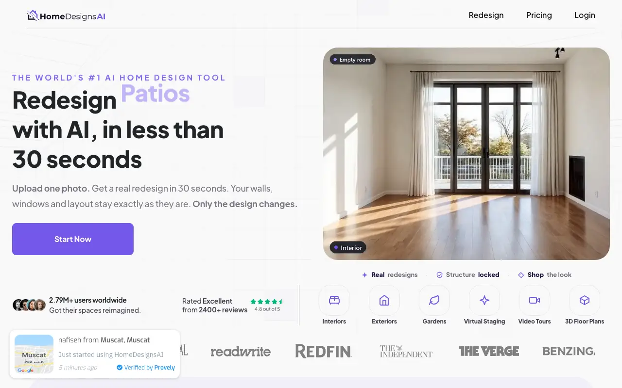HomeDesignsAI homepage, captured October 7, 2026