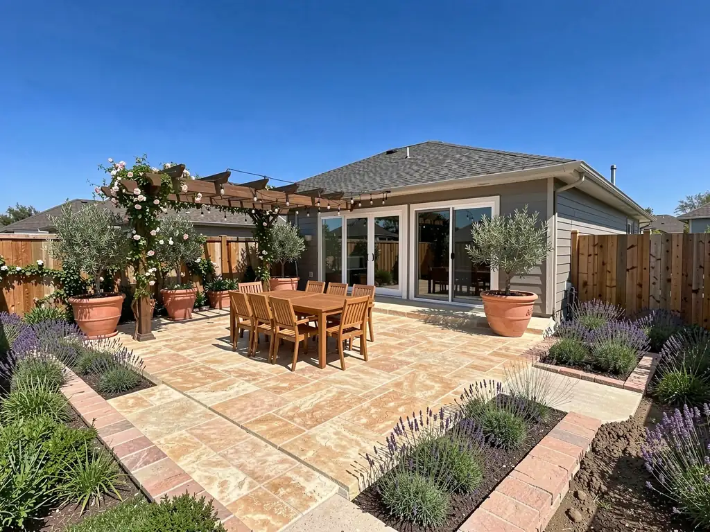 After: the same patio redesigned by AI with stone paving, an outdoor dining set, planters and string lights; the house and fence are unchanged