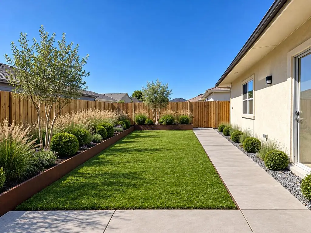 After: Bare, raked dirt side yard of a new stucco home before and after an AI landscape design in the Modern style, with a lawn, corten-edged beds of grasses and boxwood, two young trees and a concrete path
