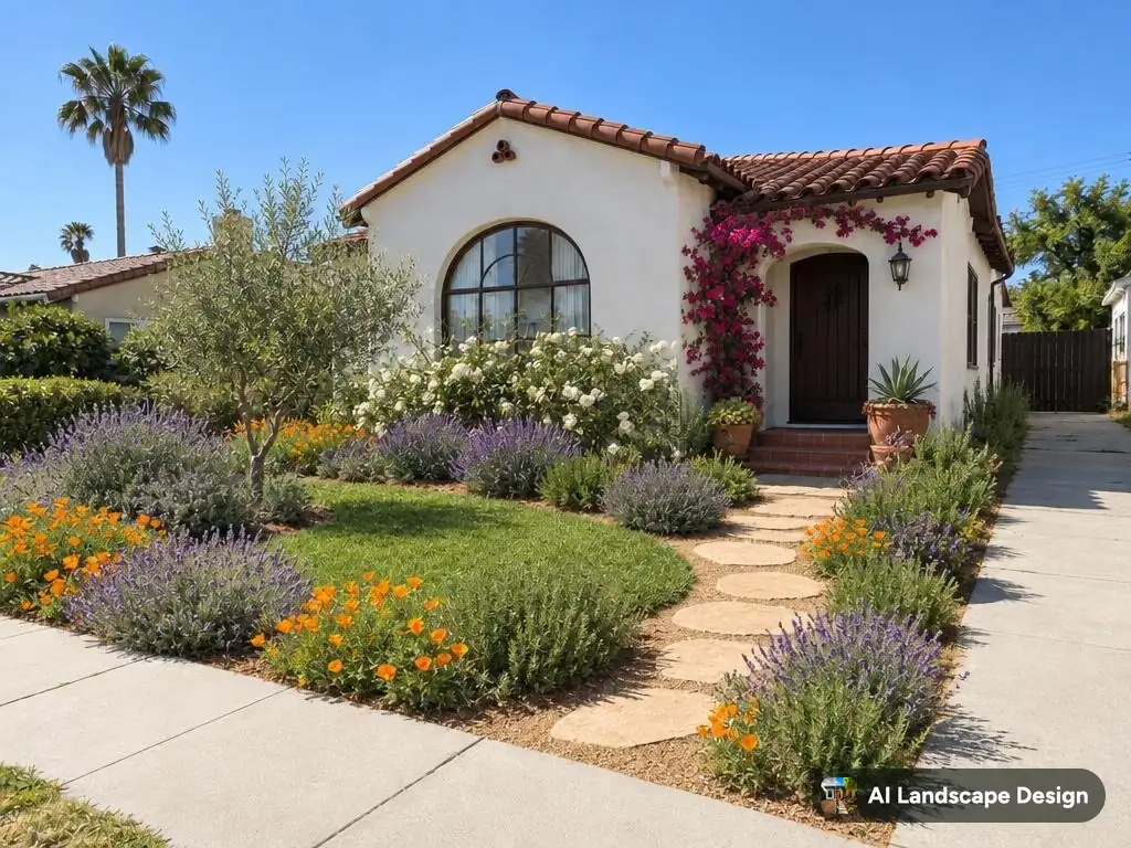Free design: a free AI landscape design of a Spanish-style California front yard in a Mediterranean cottage style, with lavender, California poppies, white roses, an olive tree, bougainvillea and a flagstone path, and the small AI Landscape Design logo in the corner