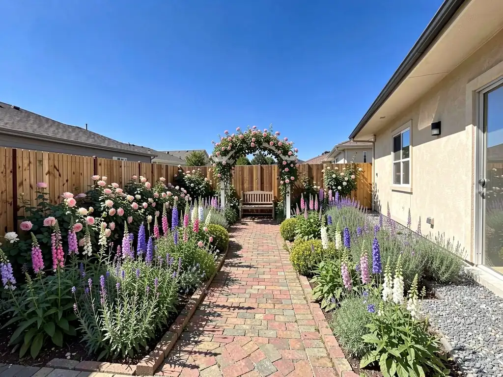 Cottage: one garden in a Cottage style, with roses, foxgloves, a winding path and an arch