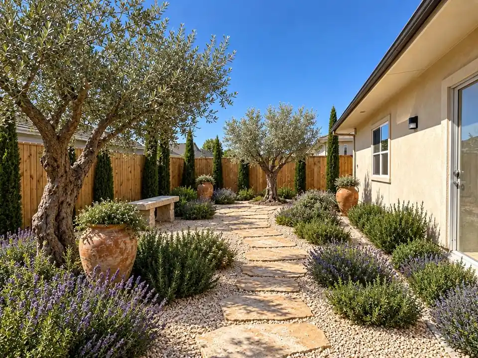 Mediterranean: the same garden in a Mediterranean style, with gravel, olive trees, lavender and terracotta pots