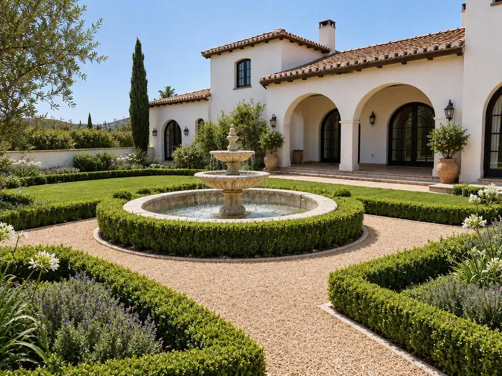 Dead lawn behind a white Mediterranean villa, before and after a formal landscape rendering with clipped hedges and a restored fountain